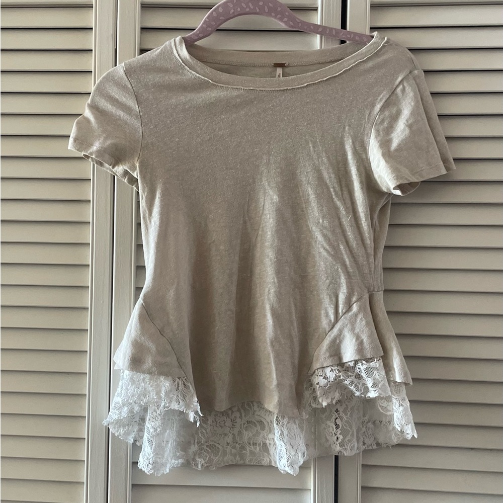 Free People Cream Lace Hem Short Sleeve Top